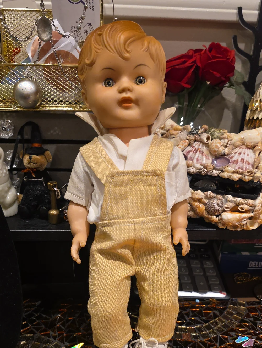 Vintage Doll in Tan Overalls with White Shirt